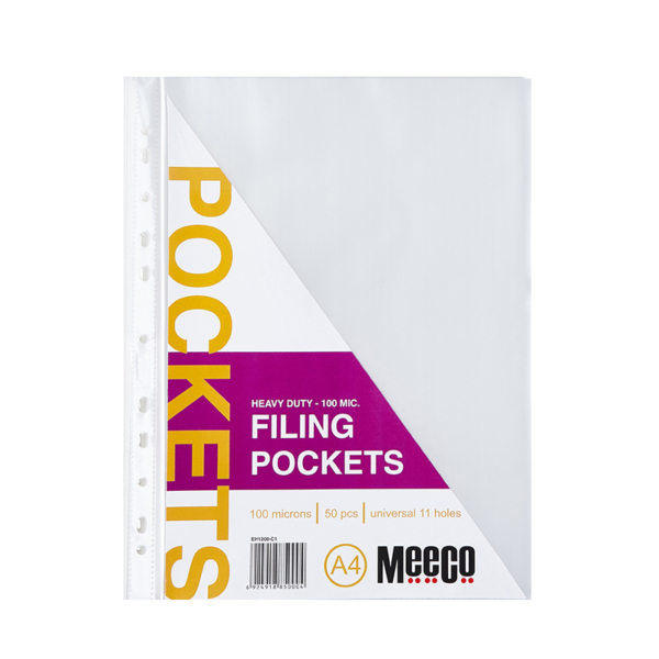 FILING POCKETS: A4 100 MICRON – 50PCS/PACK – Meeco
